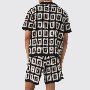 Men's Spring And Summer Fashion Casual Hollow Knitted Short-sleeved T-shirt Shorts Set