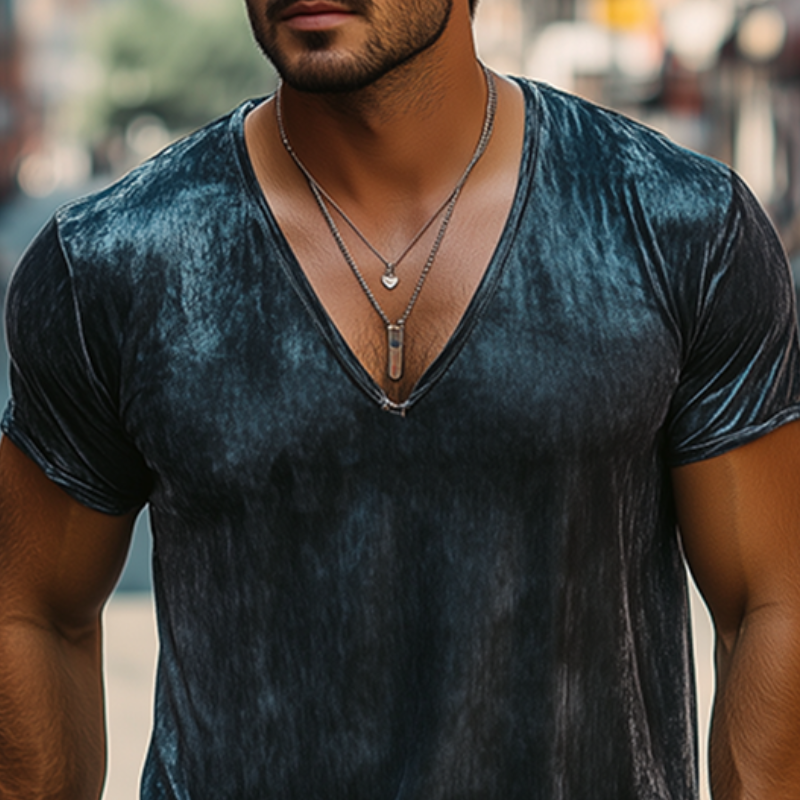 Camiseta de algodón y seda con cuello en V profundo para hombre, de moda de primavera y verano