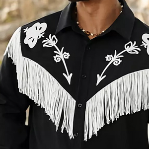 Men's Black Embroidered Tassel Long-sleeved Shirt