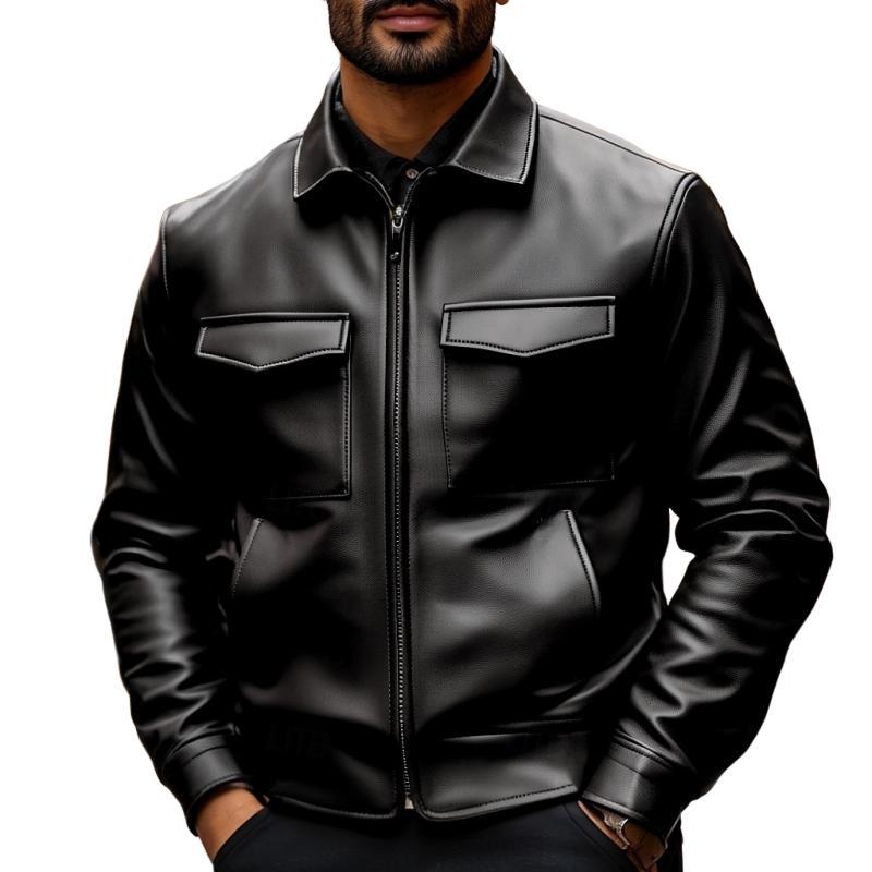 Herren-Lederjacke mit Vintage-Revers und doppelter Brusttasche