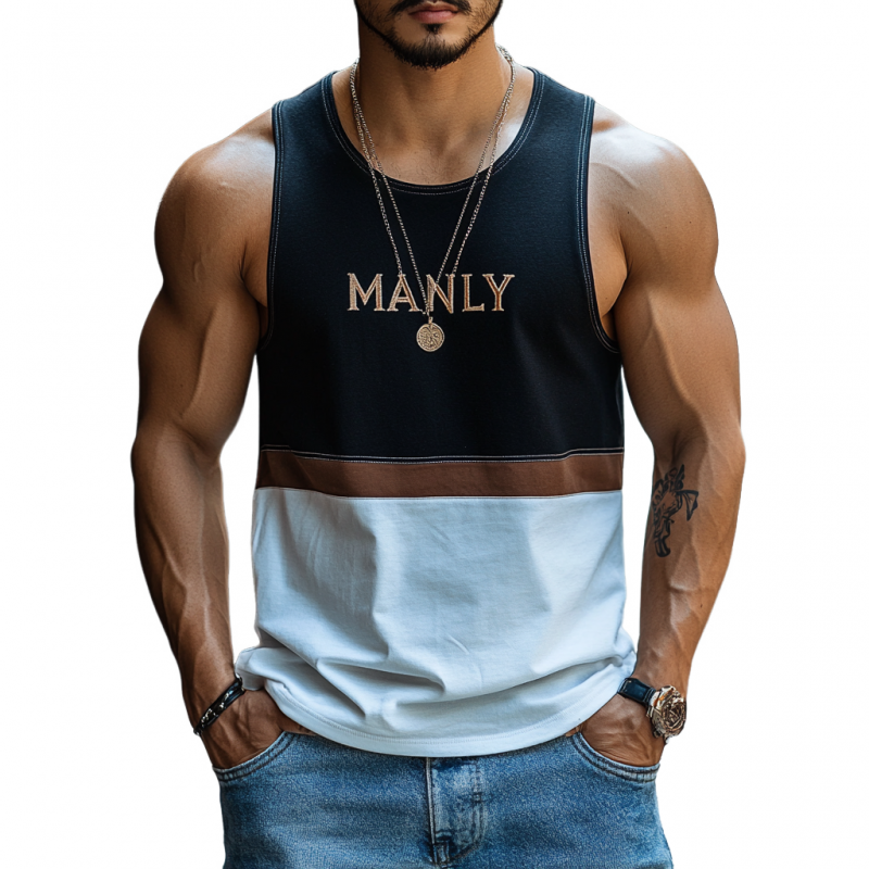 Men's Casual Contrast Cotton Patchwork Letter Embroidered Slim Fit Tank Top