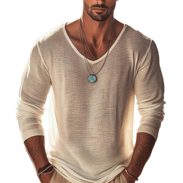 Camiseta informal de manga larga con cuello redondo y textura de color liso para hombre