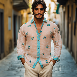 Men's Spring Fashion Premium Ramie Embroidery Long Sleeve Shirt