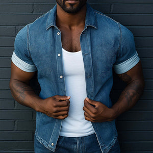 Men's Retro Casual Denim Washed Lapel Short Sleeve Shirt