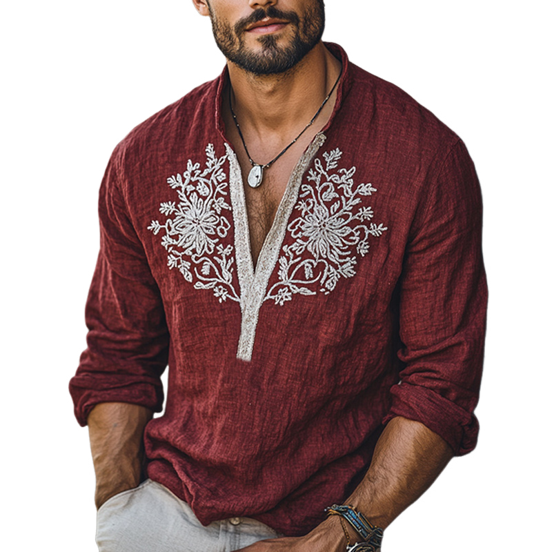 Camiseta vintage de manga larga bordada con cuello en V profundo en rojo oscuro para hombre