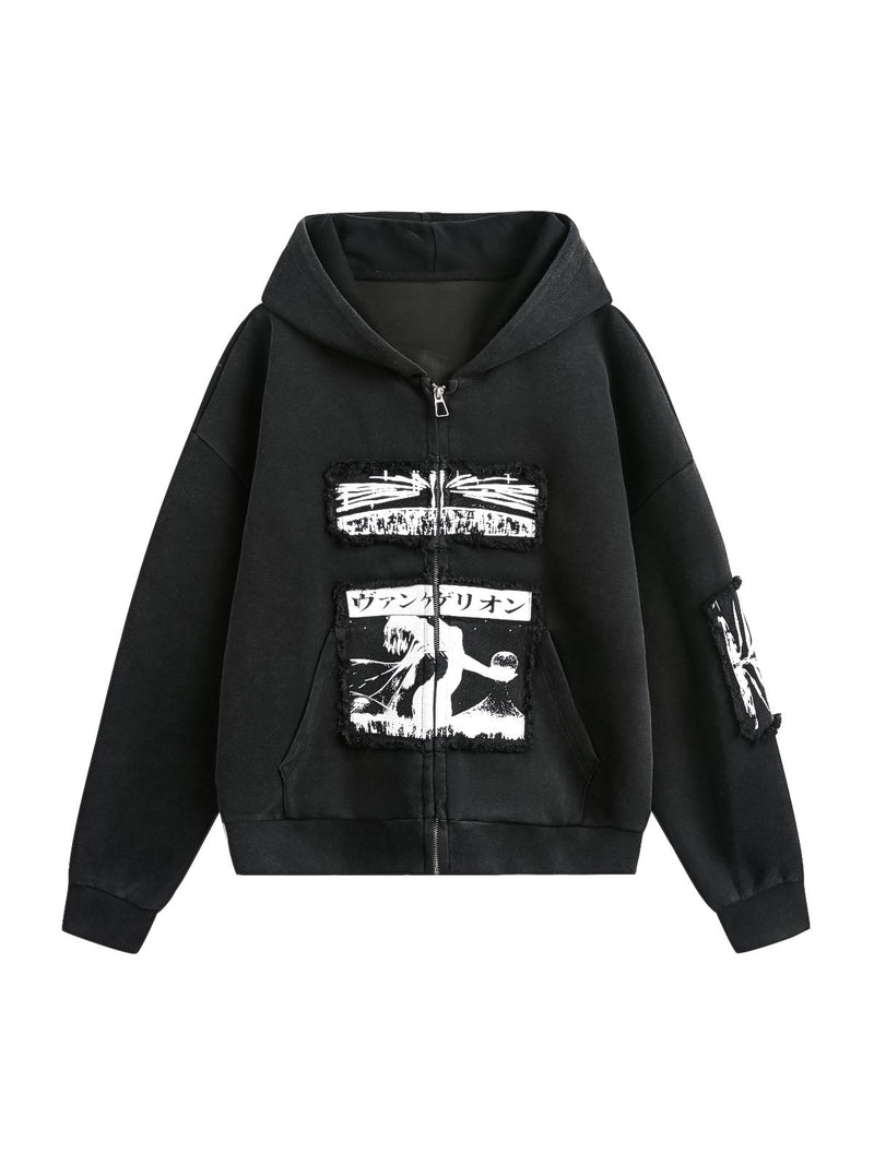 Fur Zip Up Print Hoodie