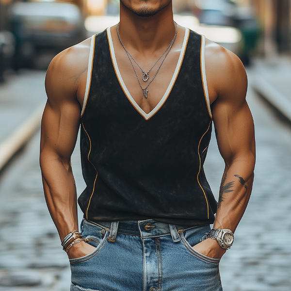 Herren Sommermode Lässiges Tanktop aus Wildleder mit tiefem V-Ausschnitt und Kontrastfarbennähten