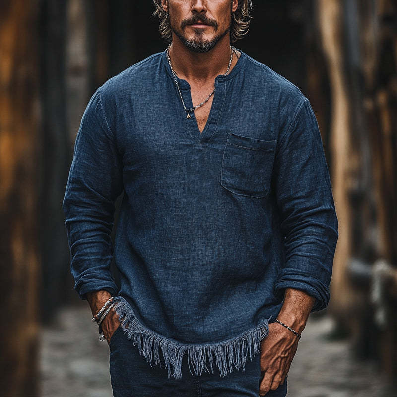 Camiseta informal vintage azul marino de algodón y lino con cuello en V para hombre