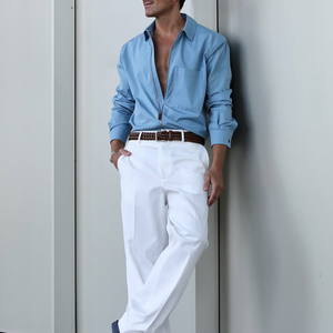 Men's Solid Lapel Zipper Placket Pocket Long Sleeve Shirt