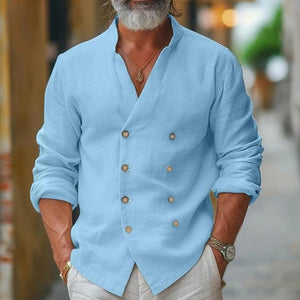 Camisa de manga larga cruzada con cuello alto de algodón y lino para hombre