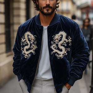 Chaqueta de terciopelo con bordado de dragón vintage azul marino para hombre
