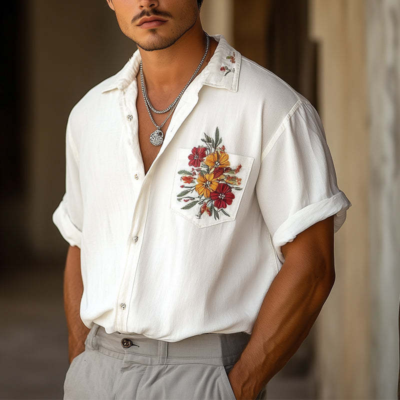 Men's Casual Chiffon Embroidered Short-sleeved Shirt
