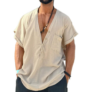 Camisa de manga corta con cuello en V de algodón y lino para hombre