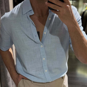 Camisa informal de manga corta con solapa de algodón y lino para hombre