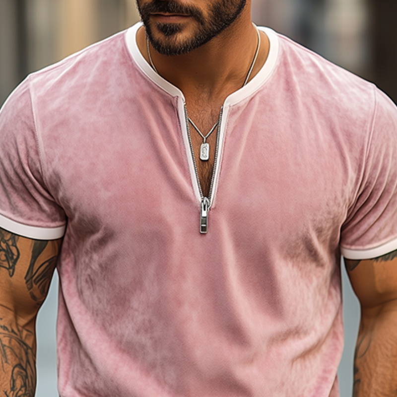 Camiseta de manga corta de gamuza con cuello en V y cremallera para hombre, de moda de primavera y verano
