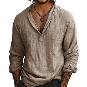 Camisa retro informal de algodón y lino de manga larga para hombre