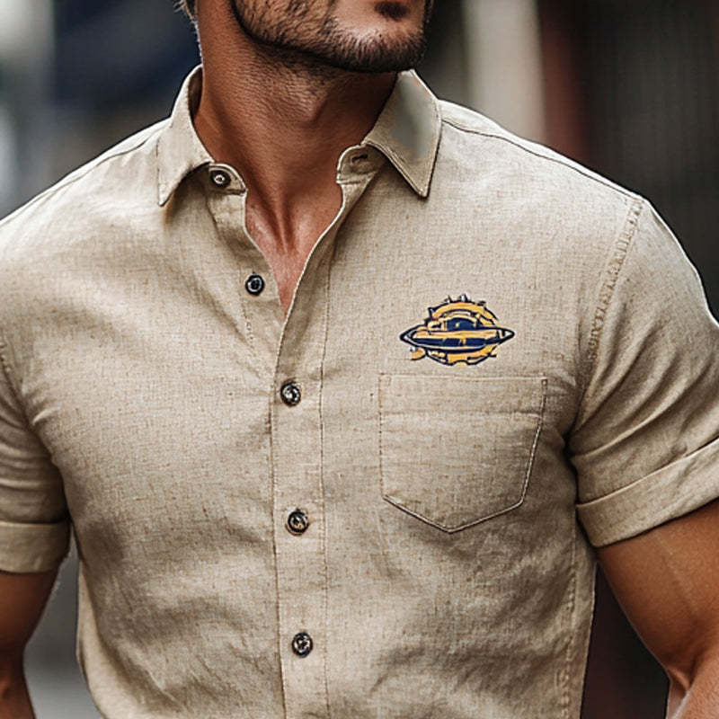 Men's Cotton And Linen Embroidered Short Sleeve Shirt