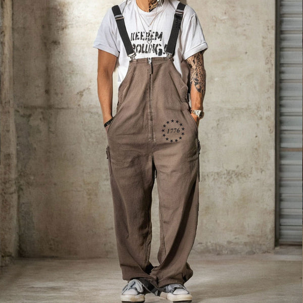 Men's Fashion Casual Retro 1776 Printed Pocket Contrast Color Overalls