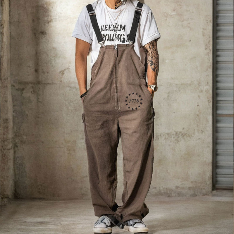 Men's Fashion Casual Retro 1776 Printed Pocket Contrast Color Overalls