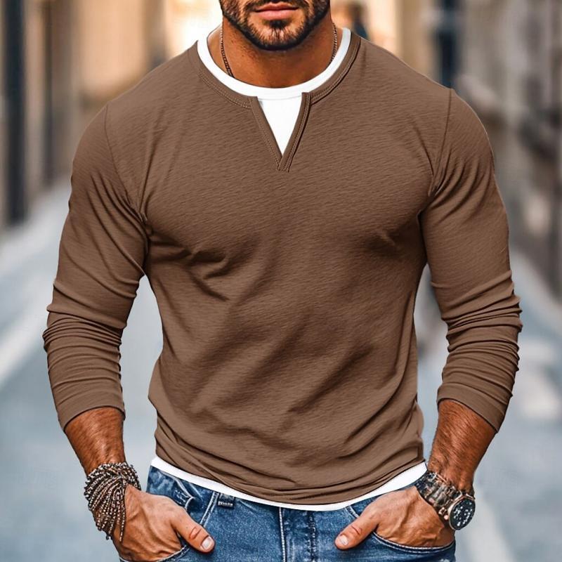 Men's Casual Color Matching Fake Two-Piece Double-Layer V-Neck Long-Sleeved T-Shirt
