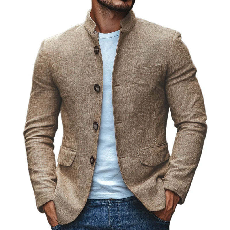 Blazer informal de lino con cuello alto y botonadura sencilla para hombre