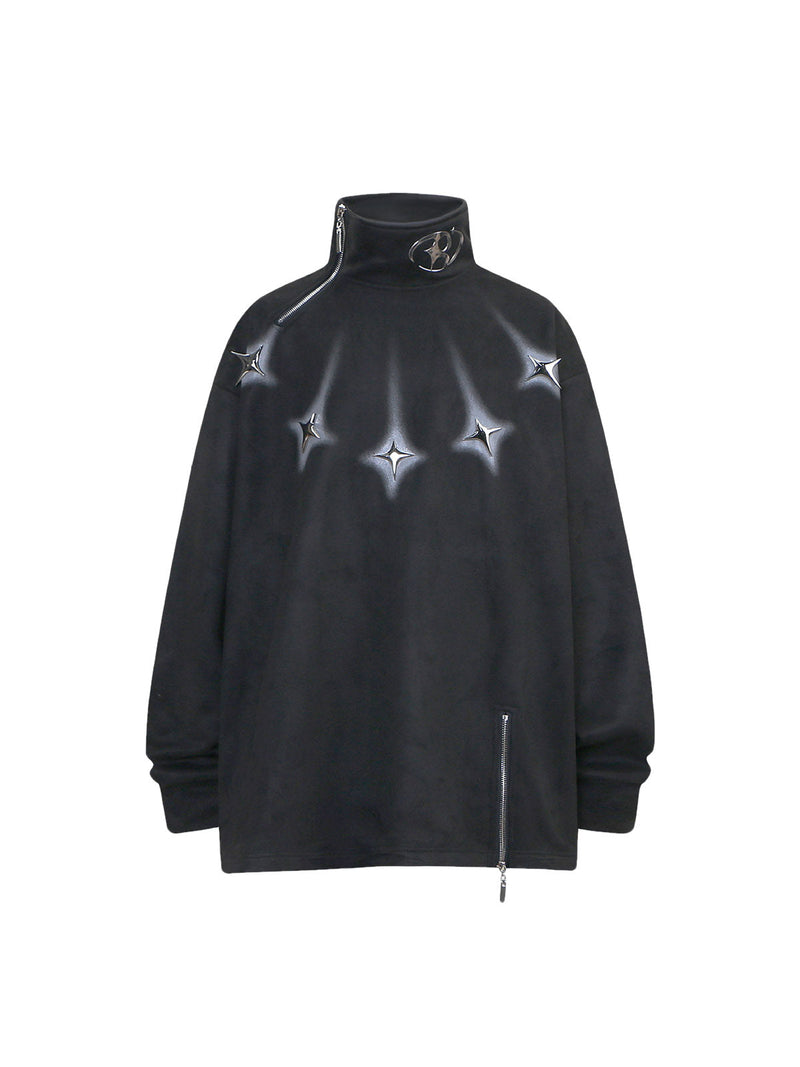 Metal Button Multi Zipper Suede Fleece Sweatshirt