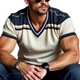 Men's Casual Contrast Color Striped V-Neck Loose Knitted Short-Sleeve Sweater T-Shirt