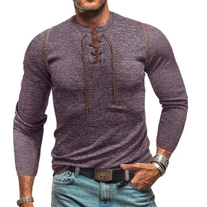 Camiseta Henley de manga larga con cuello redondo y lazo para hombre