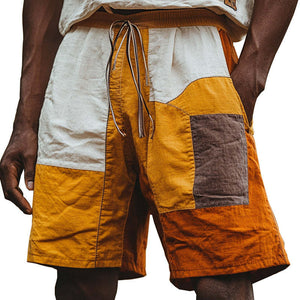 Men's Stylish Contrast Color Patchwork Linen Shorts