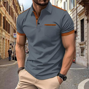 Polo de manga corta con solapa y bolsillo en el pecho con bloques de color para hombre