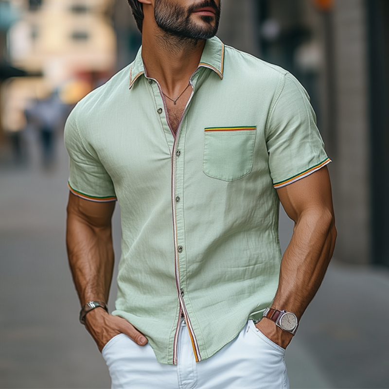 Camisa informal de verano para hombre, de algodón y lino con costuras de cinta de colores, de manga corta
