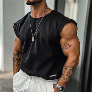 Camiseta deportiva sin mangas de cuello redondo para hombre, color liso, para exteriores