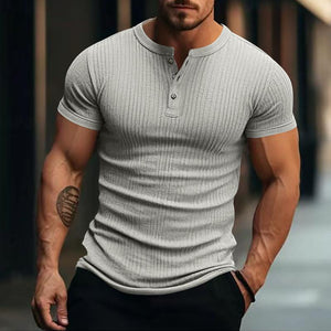 Camiseta Henley informal de manga corta de punto elástico para hombre