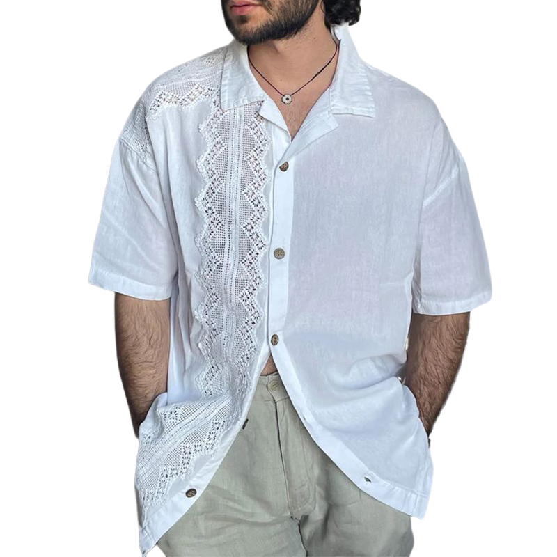 Camisa de manga larga con solapa y encaje de color liso para hombre 