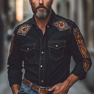Herren-Jeanshemd im Vintage-Stil mit besticktem Revers und langen Ärmeln