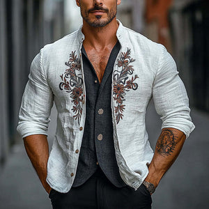 Chaqueta de hombre con cuello alto, bordado floral y botonadura sencilla
