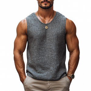 Camiseta informal holgada de lino con cuello redondo para hombre