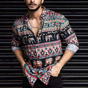 Men's Retro Colorblock Printed Casual Long Sleeve Shirt