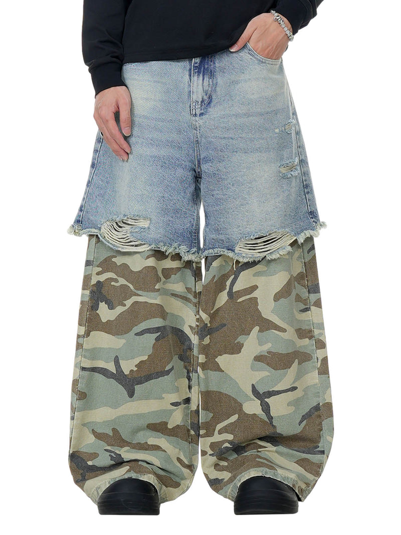 Washed Stitching Camouflage Ripped Baggy Jeans