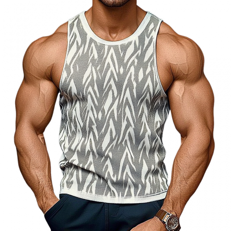 Men's Casual Round Neck Slim Fit Jacquard Knitted Tank Top
