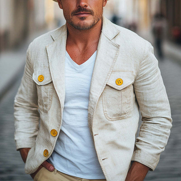 Blazer de dos botones de algodón y lino color albaricoque para hombre, primavera y otoño