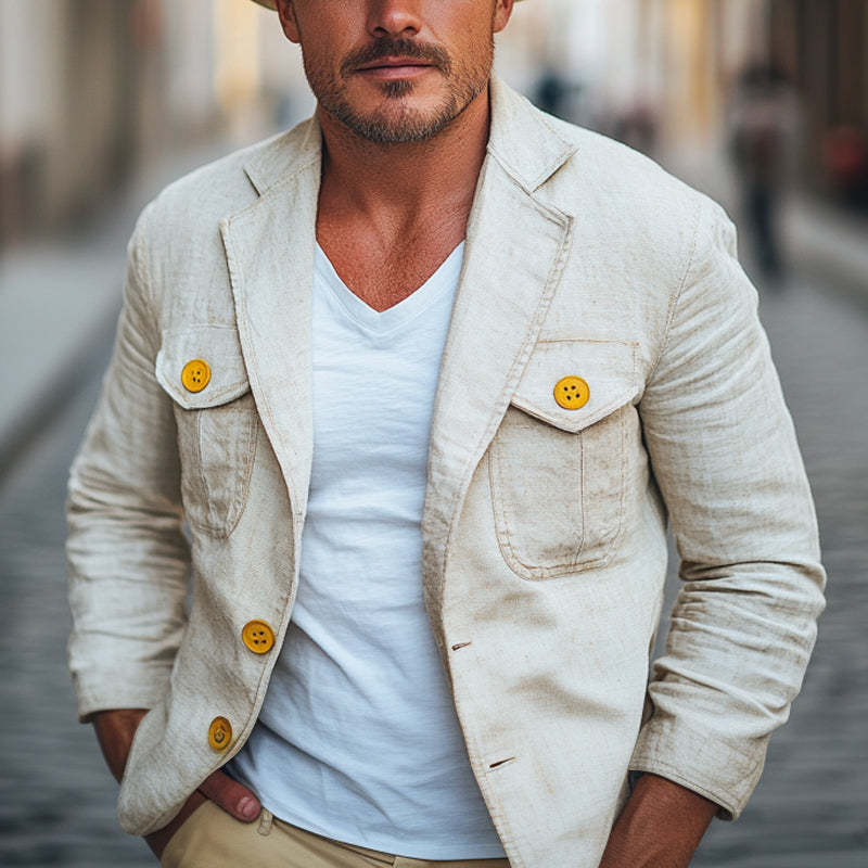 Blazer de dos botones de algodón y lino color albaricoque para hombre, primavera y otoño