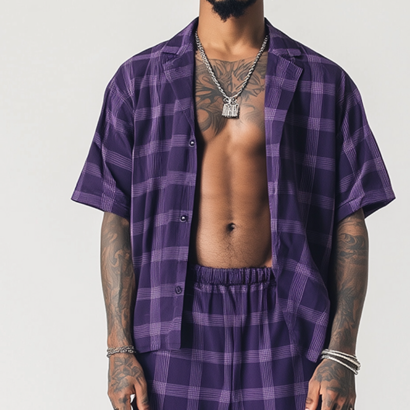 Conjunto de dos piezas de camisa deportiva informal de lino con estampado de cuadros para hombre