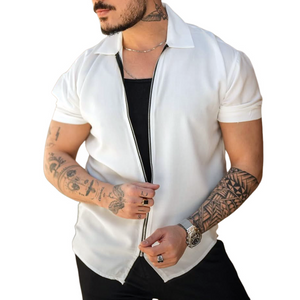 Men's Solid Lapel Zipper Platet Short Sleeve Shirt