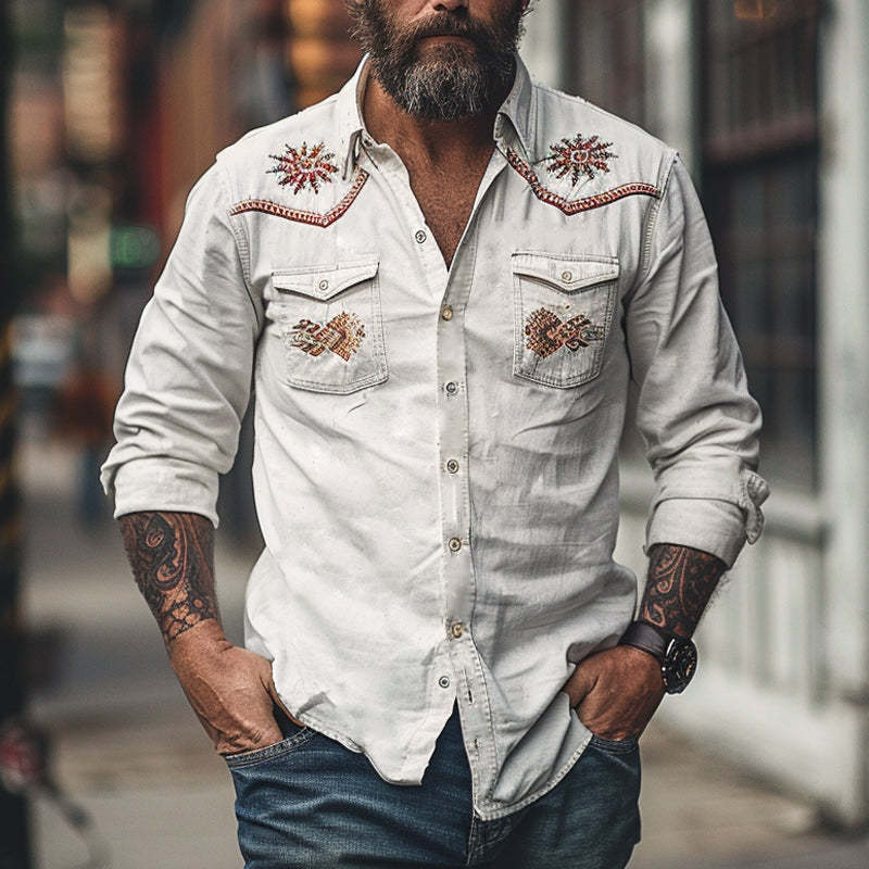 Camisa de manga larga bordada de algodón vintage para hombre 
