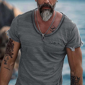 Camiseta retro de manga corta con cuello redondo y borde sin rematar de color liso para hombre