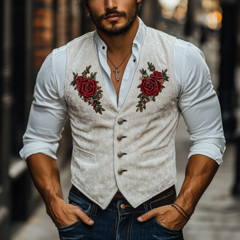 Klassische, lässige Weste für Herren im amerikanischen Retro-Stil aus Samt mit Rosenstickerei