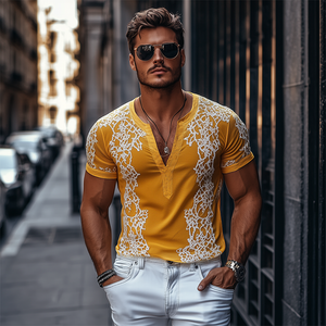Camiseta de manga corta de algodón con bordado exquisito y escote en V profundo para hombre, moda de primavera