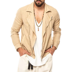 Chaqueta vintage de algodón y lino color albaricoque con solapa con muesca para hombre