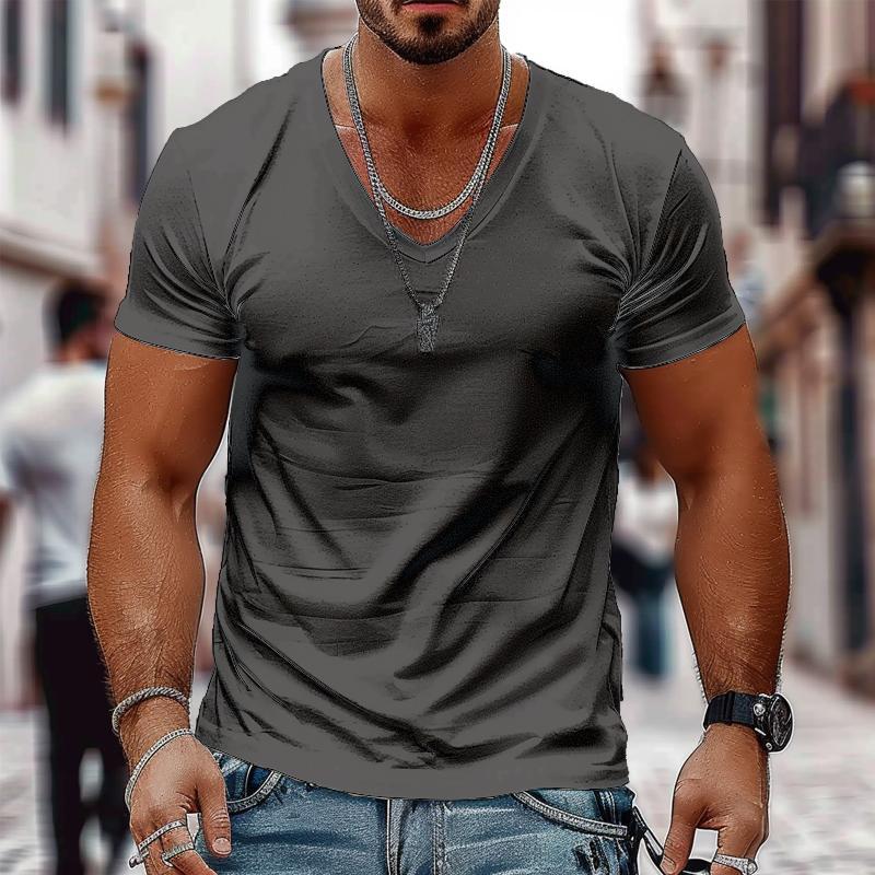 Camiseta informal de algodón de manga corta con cuello en V y color liso para hombre